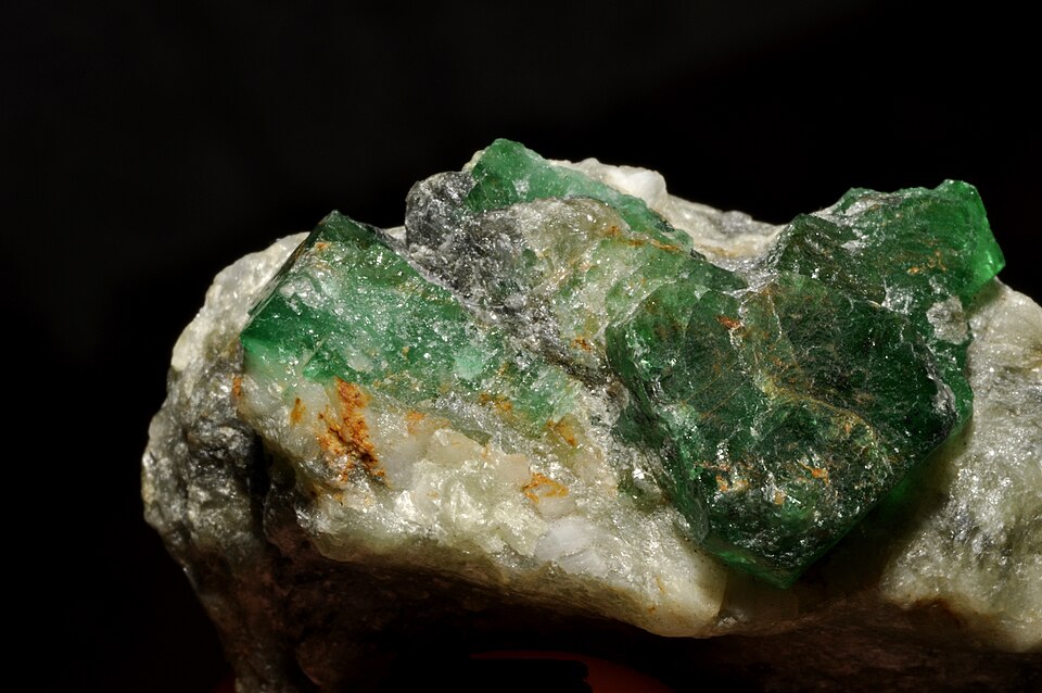 Green emerald crystals in white host rock, from Afghanistan