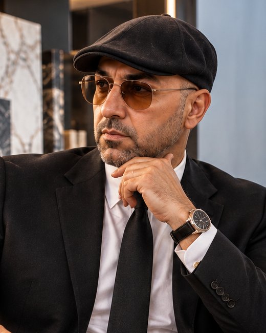 Portrait of Ahmadshah, founder and CEO of Kohvand, in a dark suit and flat cap